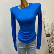 拒绝高冷!韩国ins风，低调性感修身微透长袖，打底衫冬复古宝蓝色t恤