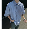 新中式轻国风衬衫男款短袖夏季蓝色条纹盘扣衬衣高级感五分袖外套