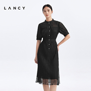 lancy朗姿女装2023夏季收腰显瘦小立领，蕾丝中长款气质连衣裙