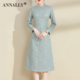 annally冬季优雅婉约复古气质，新中式立领蕾丝连衣裙绿色