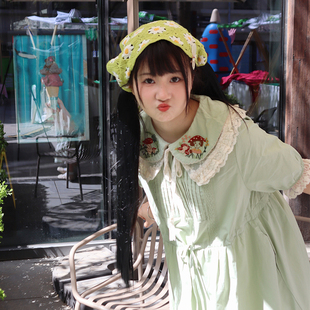 日系小清新绿色夏日甜美刺绣系带收腰蕾丝花边短袖连衣裙小个子裙