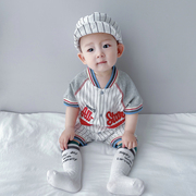 婴儿夏装婴儿0-1岁男宝宝连体衣，短袖纯棉棒球，哈衣绅士外出服