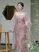新中式日常改良汉元素长款开衫印花收腰显瘦吊带裙国风连衣裙套装