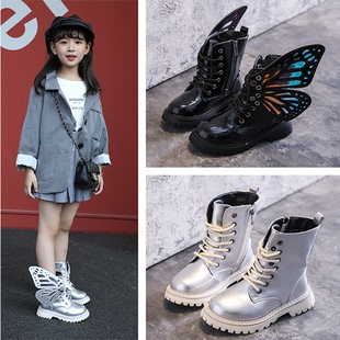 2024韩版儿童马丁靴银色，女童靴子时尚翅膀，靴男童短靴学生表演单靴