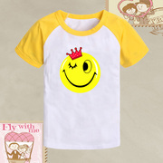 女童短袖t恤拼接黄色，衣服中大童韩版洋气，白色宽松笑脸男儿童夏装