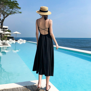 海边度假风女装性感露背吊带，长裙交叉细肩带沙滩裙夏季高腰小黑裙