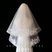 短款蕾丝新娘头纱女婚礼白色，新娘婚纱头饰双层造型森系拍照头纱