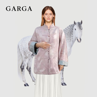garga粉色新中式国风提花外套，女高级感气质立领，汉服衬衫盘扣上衣