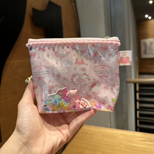 可爱卡通茉莉兔pvc透明印花流沙手拿包化妆包，耳机口红便携收纳包