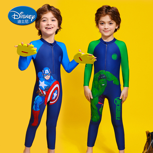 迪士尼儿童泳衣男童长袖长裤防晒蜘蛛侠小孩泳装连体保暖小中大童