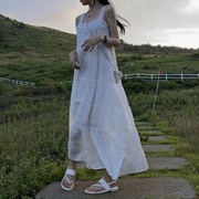 韩国chic夏季气质方领镂空钩花刺绣白色，长款蕾丝背心吊带连衣裙女