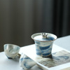 鎏银手工化妆土粗陶，复古马蹄盖碗景德镇陶瓷，功夫茶具日式海蓝套装