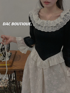 dac2023法式复古重工蕾丝拼接圆领，长袖连衣裙收腰显瘦a字长裙女