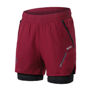 夏季运动短裤男子健身跑步装备透气速干假两件弹力内衬可装手机红