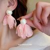 银针粉色欧根纱花瓣珍珠耳环小众设计网红风气质耳钉甜美森系耳饰
