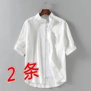 亚麻衬衫男士短袖夏季薄款宽松棉麻料白色衬衣，潮流纯色个性上衣服
