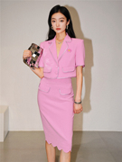 Moss烨〓S〓粉紫色钉珠垫肩短袖西装花边铅笔裙醋酸套装