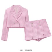 欧美女装2022春季粉色千鸟格纹理短款西装外套，+少女裙裤套装潮