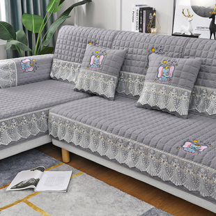 绣花纯色布艺沙发垫四季通用简约现代刺绣时尚防滑沙发坐垫套罩子