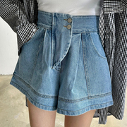 韩系chic夏季法式复古高腰百搭两粒扣翻边明线设计阔腿牛仔短裤女