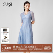 SUSSI/古色夏季蓝色蕾丝V领短袖中长款连衣裙长裙女