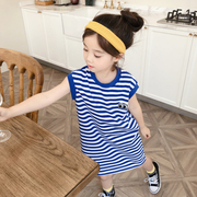 韩国女童宝宝海军风中长款条纹无袖T裙子2020夏季洋气儿童连衣裙