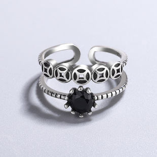 韩版森系镶钻黑玛瑙指环简约个性，复古双层金钱戒指ring泰银开口戒