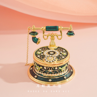 a墨绿复古电话首饰珠宝三金，便携戒指盒儿童，女孩闺蜜结婚订婚礼物