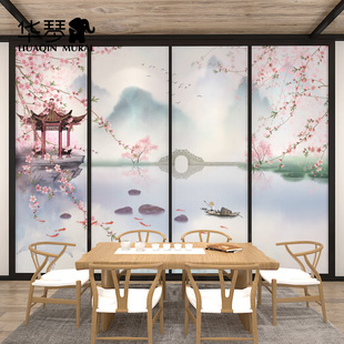 新中式水墨山水电视背景墙壁纸壁画茶室书房客厅沙V发床头墙纸墙