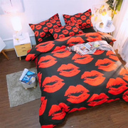 欧美风红唇印花床上用品四件套个性，1.5床笠式，学生宿舍床单款3件套