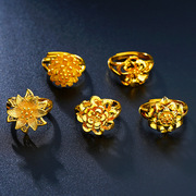 越南沙金戒指女久不掉色黄金，花朵夸张结婚情侣，新娘假三金真首饰品