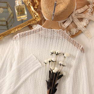 甜美白色很仙的网纱上衣，内搭薄款洋气性感，透明蕾丝打底衫女长袖秋