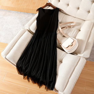 莫代尔连衣裙女夏季外穿显瘦吊带，背心打底裙长款内搭黑色网纱裙子