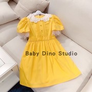 Baby Dino定制款女童黄色袖口拼接蕾丝娃娃领连衣裙