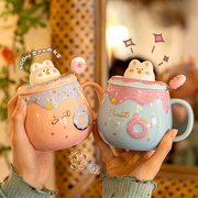 可爱兔子马克杯带盖勺女生高颜值儿童，喝水杯2022家用陶瓷杯子