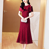 红色蕾丝连衣裙女短袖2024春夏季高端洋气婚宴礼服显瘦鱼尾裙