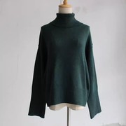 欧美原单高领针织毛衣女(毛，衣女)毛衣套衫墨绿色，黑色纯色冬季羊毛宽松版