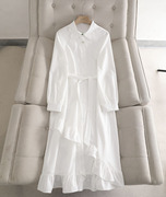 阔系~白色蝴蝶结娃娃领衬衫裙，女2024春装法式长袖仙女连衣裙