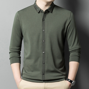 冰丝针织长袖t恤男带衬衫领体桖纯色，打底开衫中年秋装上衣军绿潮