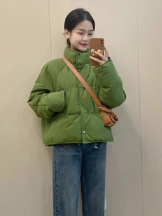 绿色立领短款羽绒棉服冬季女加厚2023年小个子韩系面包服外套