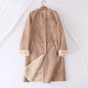 外贸冬季时尚有范麂皮(范麂皮，)绒加厚保暖长袖中长款大衣外套女17025