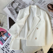 双排扣白色西装外套女修身年秋季小个子气质长袖短款西服