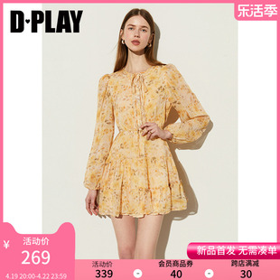 DPLAY夏仙女度假风碎花圆领系带泡泡袖桔梗裙黄色收腰裙子