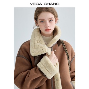 vegachang机车风仿皮毛一体，短外套女2023年冬装加厚毛绒大衣