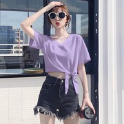 潮牌紫色t恤女短袖宽松纯棉半袖夏v领打底衫短款上衣露脐高腰