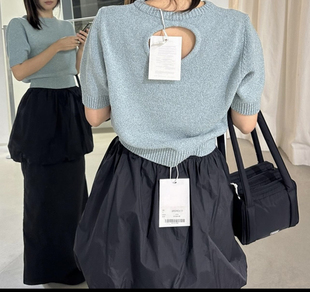 exclusivetype韩国夏季简约圆形镂空剪裁半袖，短款圆领套头针织衫