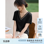 XWI/欣未蕾丝拼接短袖T恤女2024年夏季花边刺绣设计半袖上衣