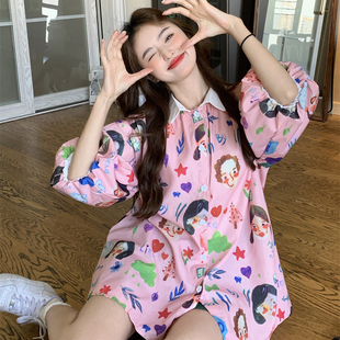 韩系甜美减龄涂鸦印花撞色短袖衬衫女2023夏季设计感小众衬衣