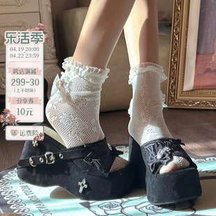 pinkyo原创y2k亚文化朋克凉鞋，2024夏季铆钉十字架，坡跟松糕厚底鞋
