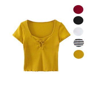 法式夏季新黄色(新黄色)显白复古方，领弹力小花边胸前系带性感显瘦上衣t恤